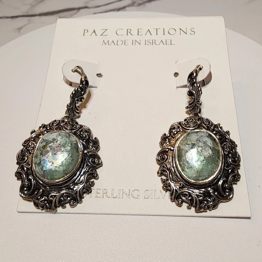 Paz Creations Sterling Silver Roman Glass Made in Israel Earrings